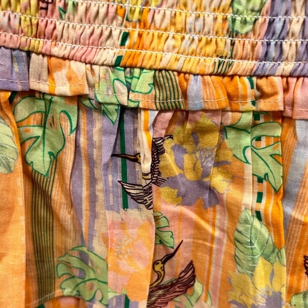 Just Bellina Women Orange Tropical Bird Floral Smocked Tiered Mini Skirt L NEW - Picture 2 of 5